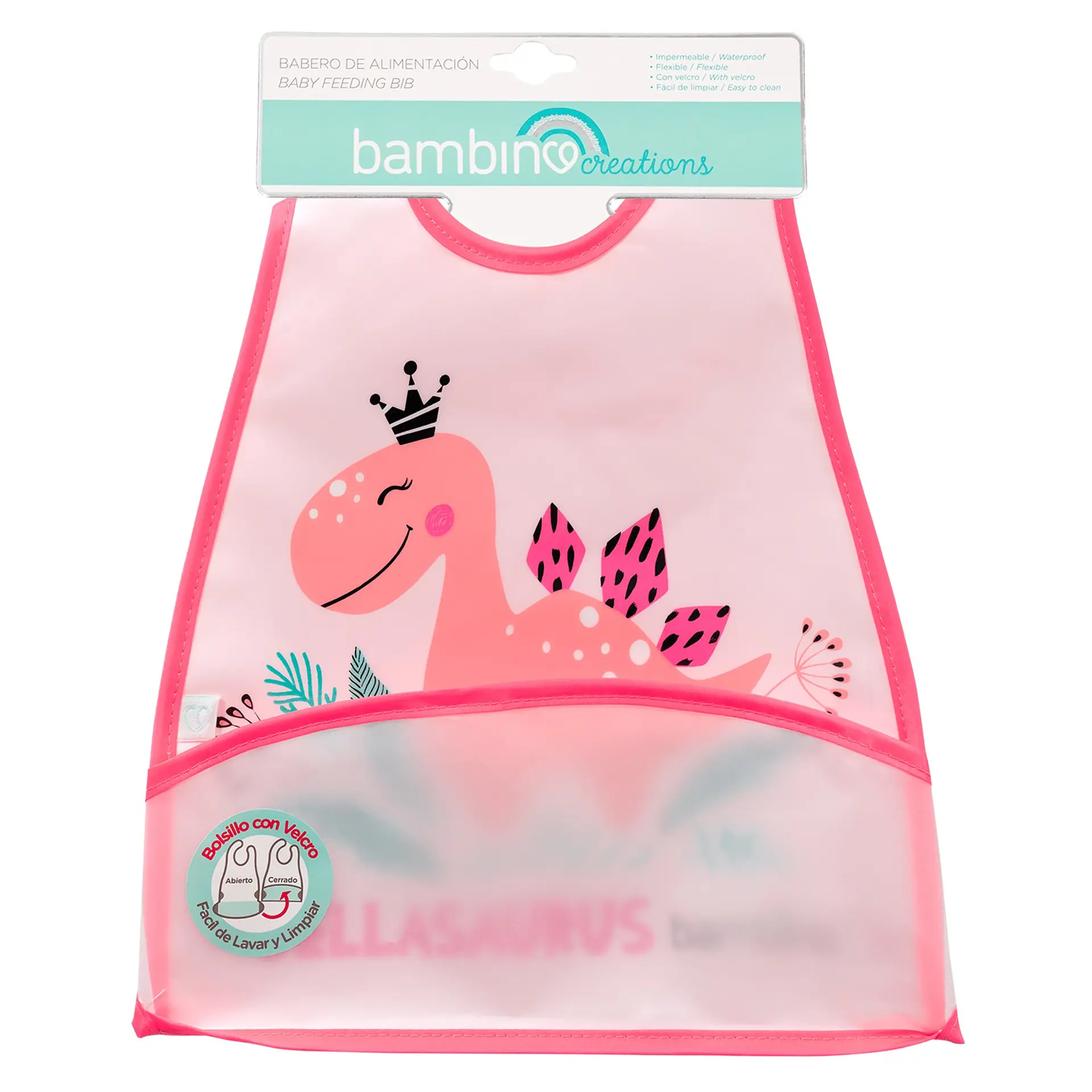 Babero de Alimentación Impermeable PEVA Rosado Dino 1