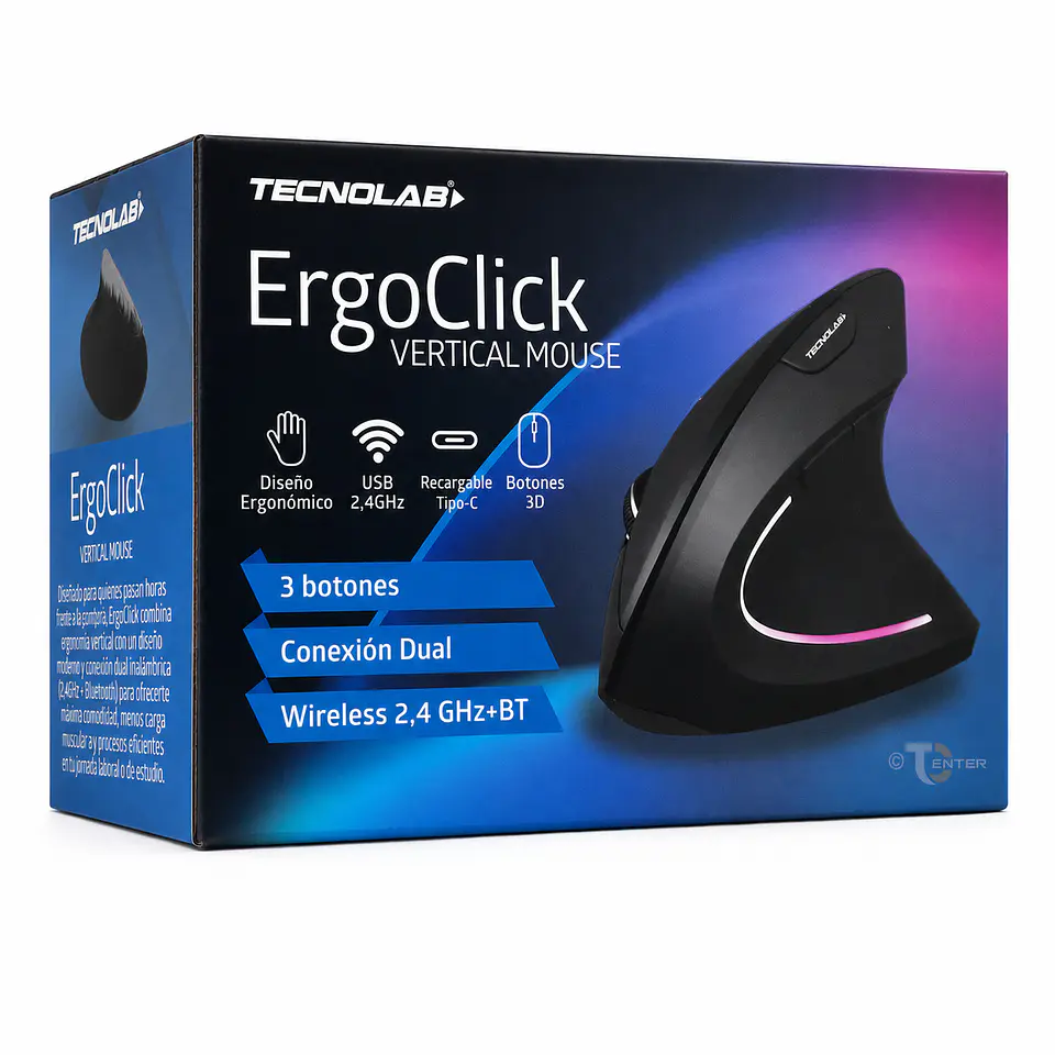 Mouse Vertical Tecnolab ErgoClick TL128 Dual BT 2.4GHz USB-C 6