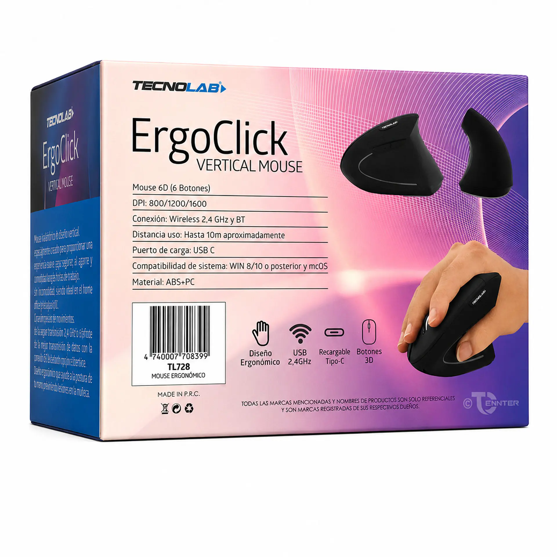 Mouse Vertical Tecnolab ErgoClick TL128 Dual BT 2.4GHz USB-C 7