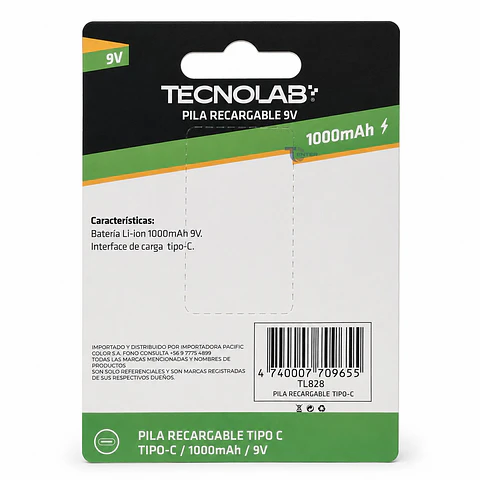 Pila Recargable 9V 1000mAh USB-C Tecnolab TL-828