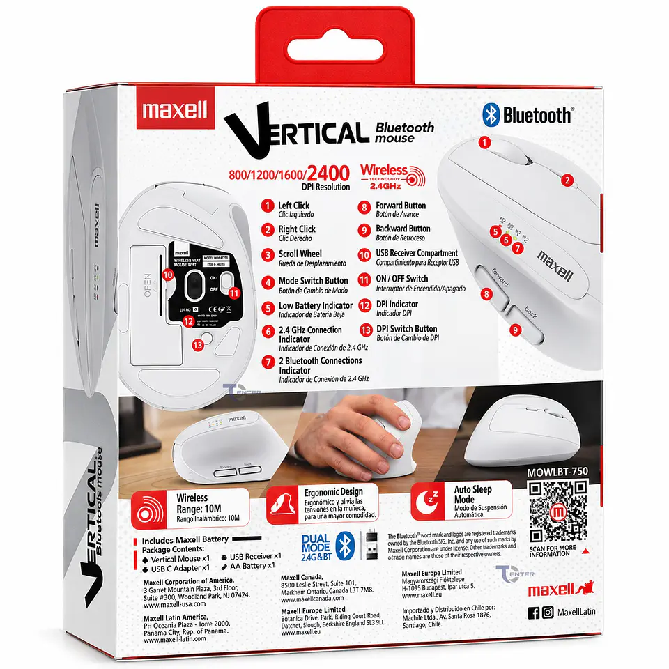 Mouse Vertical Maxell MOWLBT-750 Bluetooth 2400 DPI Blanco 8