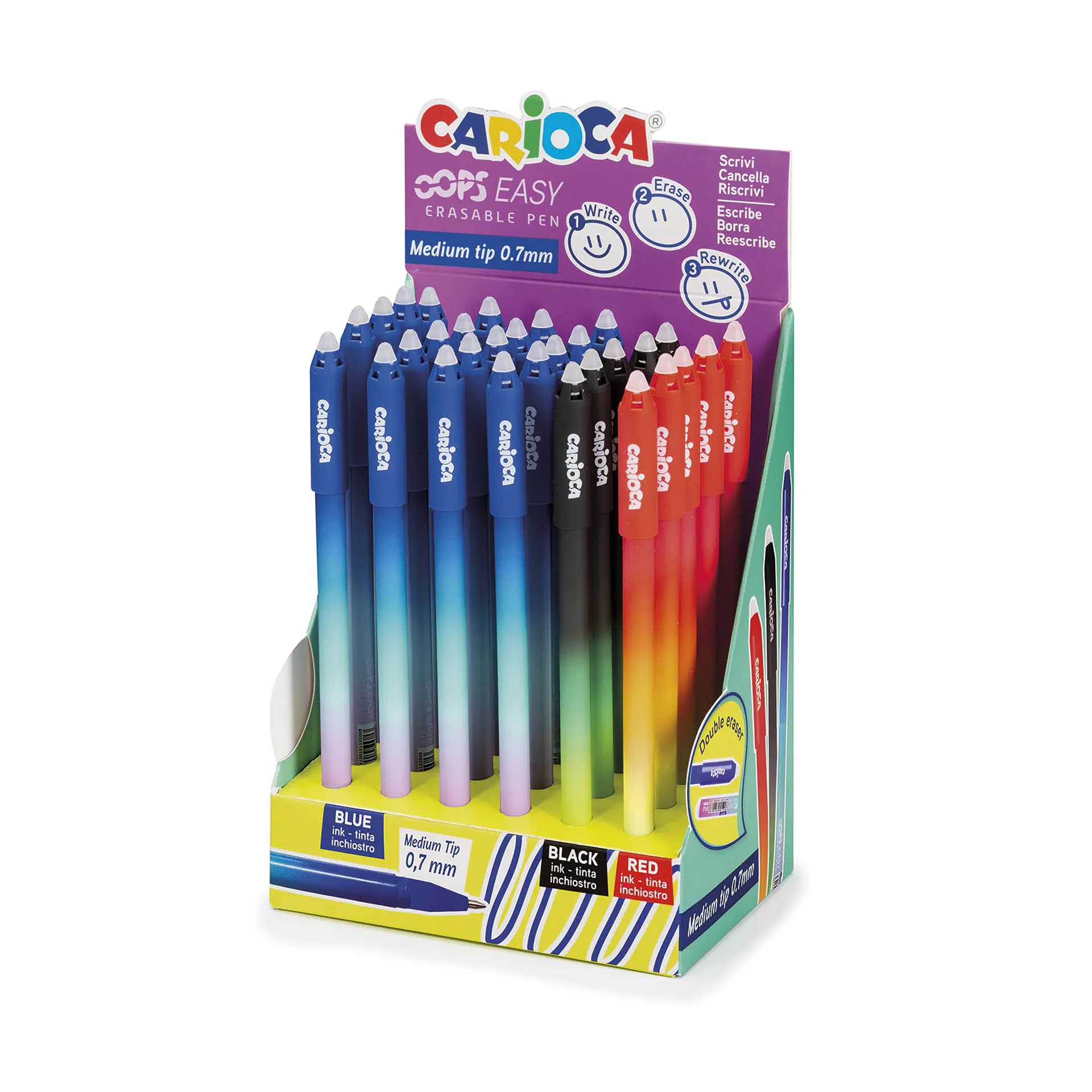 Expositor 30 Bolígrafos Borrables Carioca Azul Negro Rojo 1