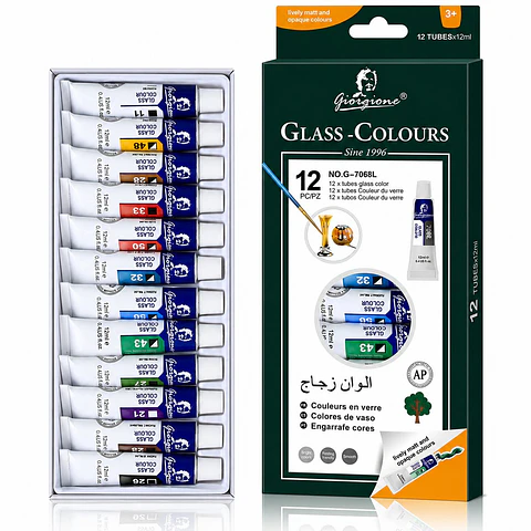 Set 12 Pinturas para Vidrio Giorgione G-7068 · 12 x 12 ml