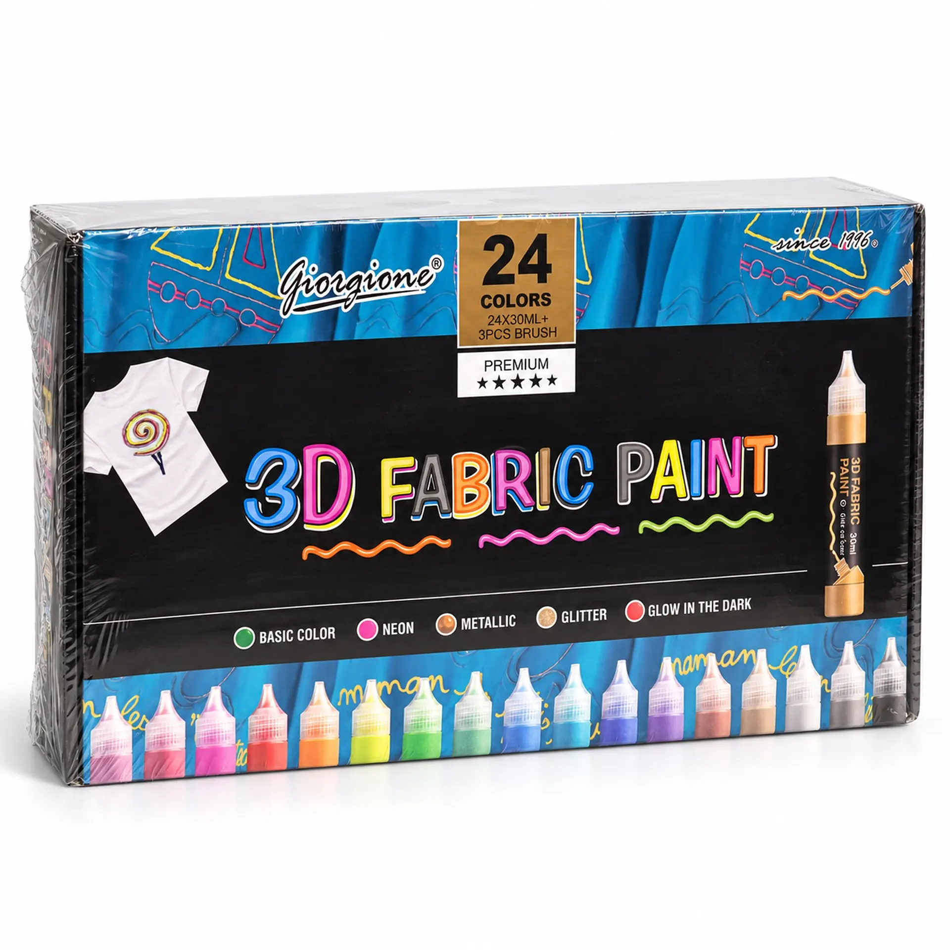 Set 24 Pinturas 3D para Tela Giorgione 30 ml + 3 Pinceles 1