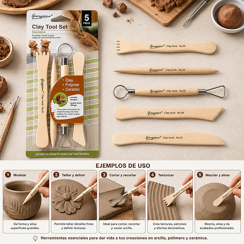 Set 5 Herramientas de Madera para Arcilla Giorgione G-Y0006
