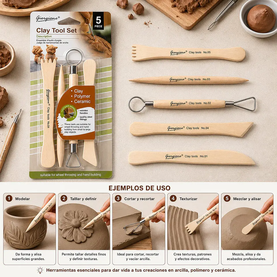 Set 5 Herramientas de Madera para Arcilla Giorgione G-Y0006 2