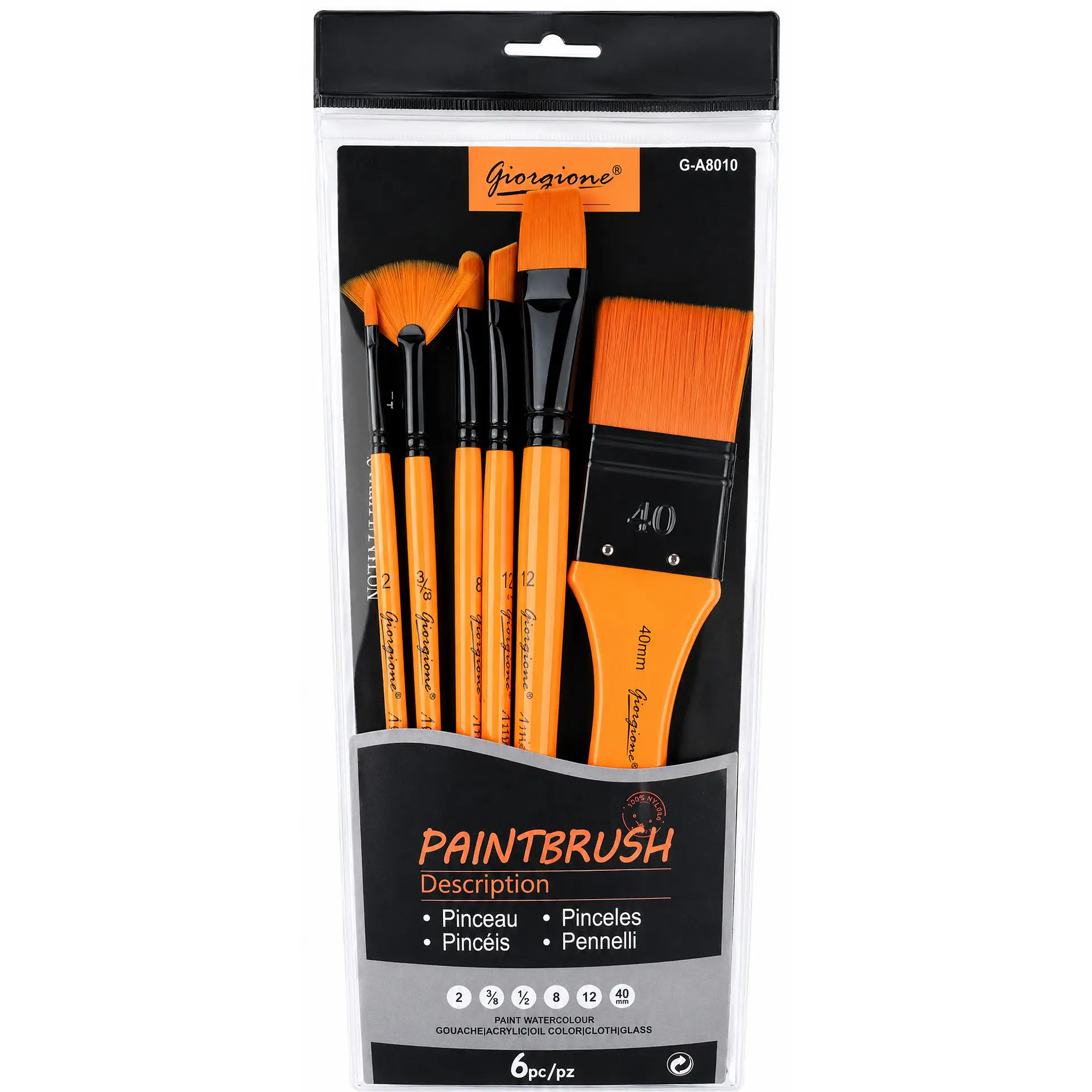 Set 6 Pinceles Giorgione G-A8010 100% Nylon Mango Naranja 3