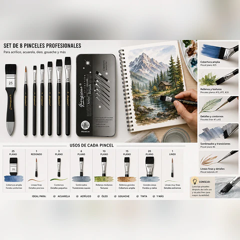 Set 8 Pinceles Giorgione MX001 Pelo Negro Estuche Metálico