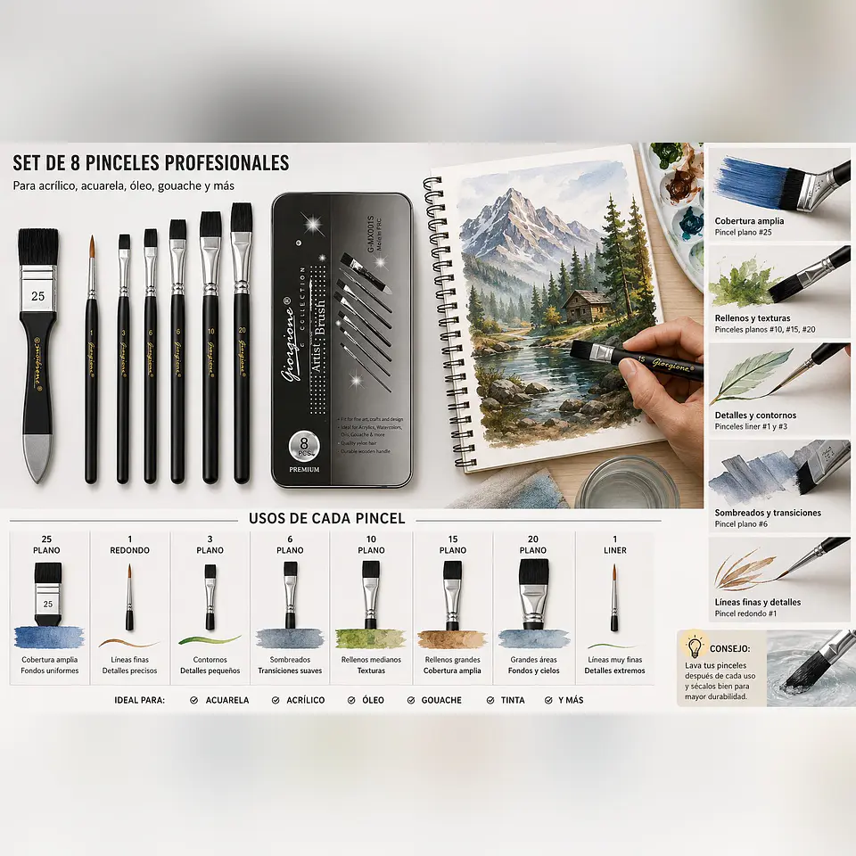Set 8 Pinceles Giorgione MX001 Pelo Negro Estuche Metálico 2