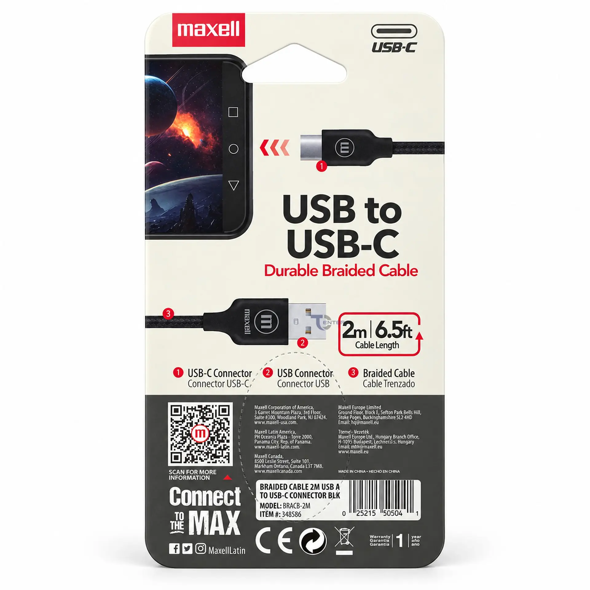 Cable Trenzado USB-A a USB-C Maxell BRACB-2M 2 m Negro 3
