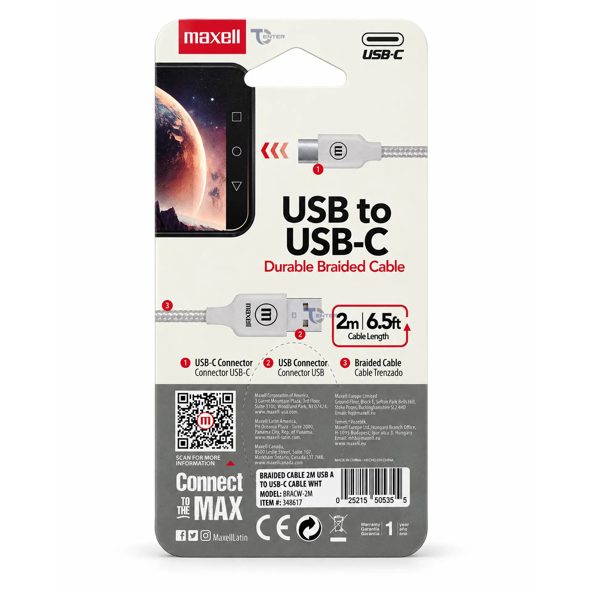Cable Trenzado USB-A a USB-C Maxell BRACW-2M 2 m Blanco 3