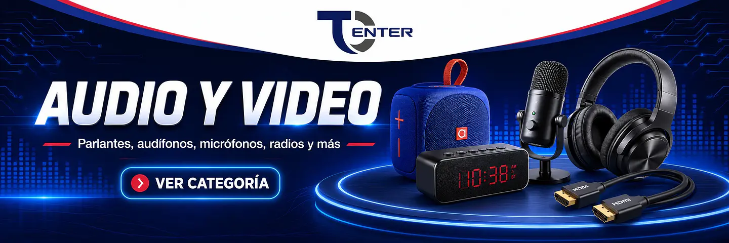 Categoría Audio y Video en Tecnocenter con parlantes, audífonos, micrófonos, radios y cables HDMI