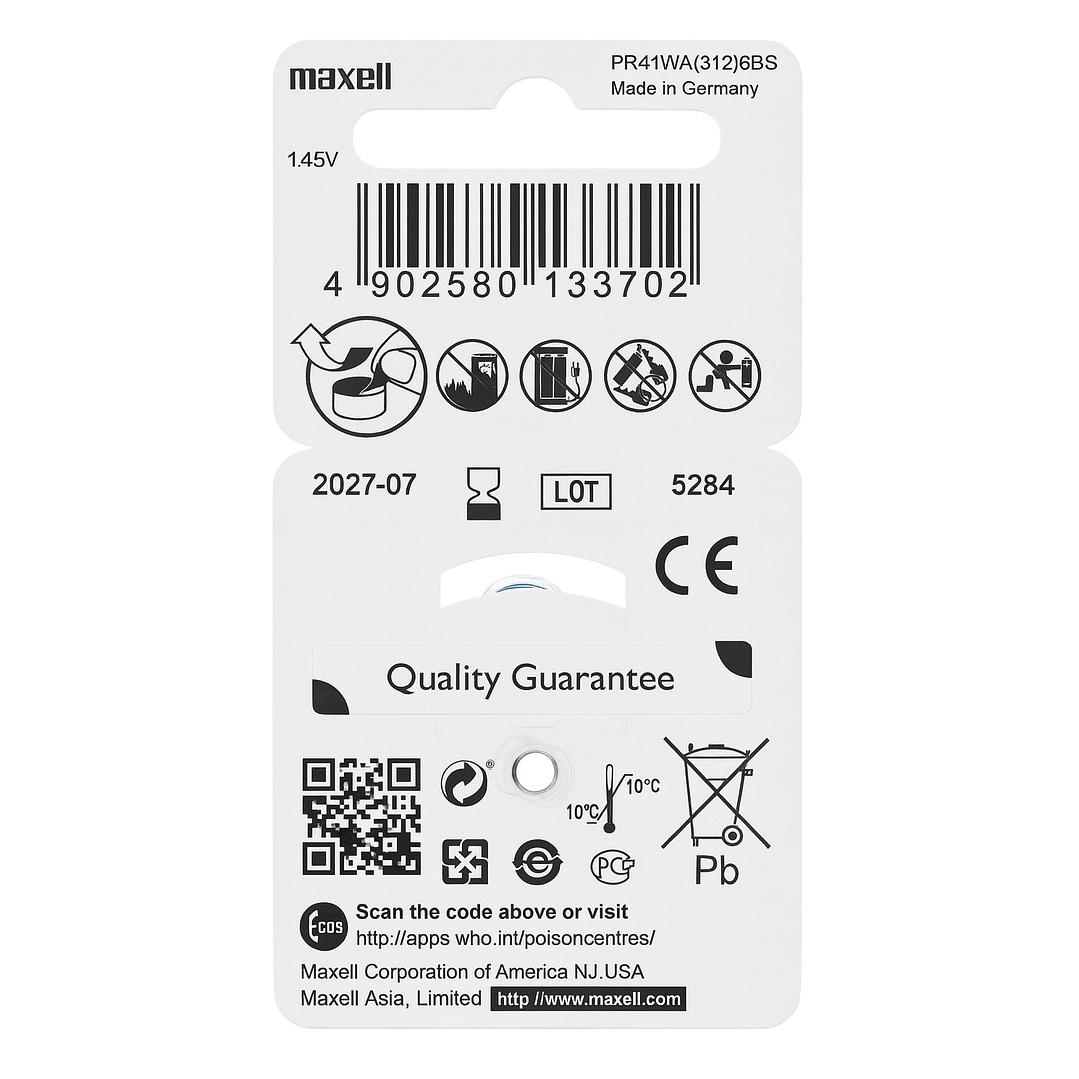 Pack 6 Pilas Para Audífonos Maxell 312 Auditivas 2