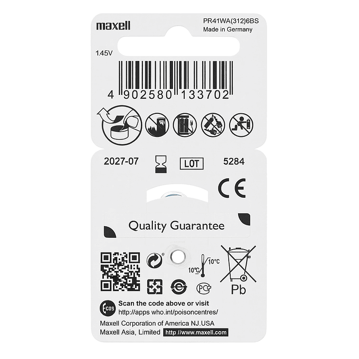 Pack 6 Pilas Para Audífonos Maxell 312 Auditivas 2