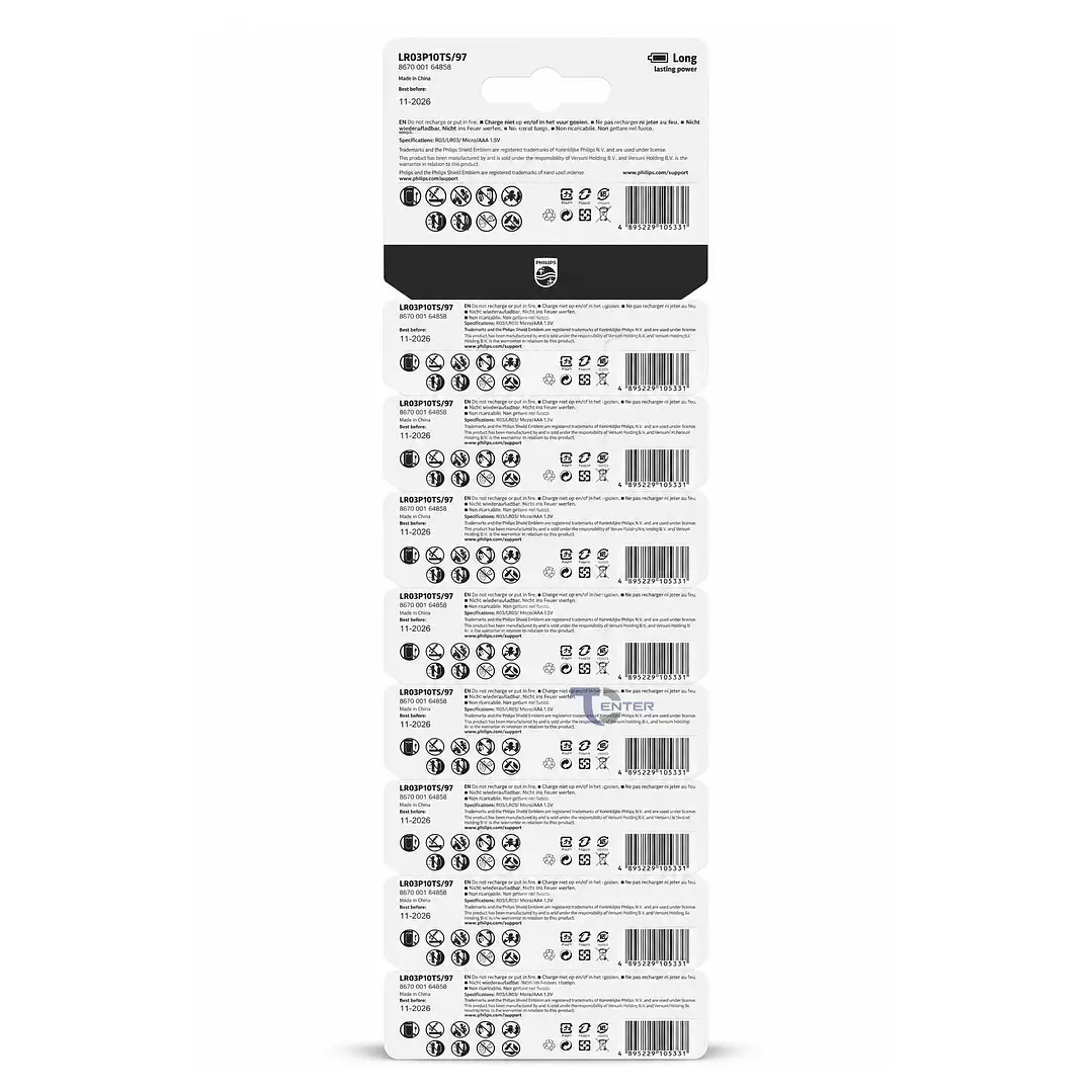 Pack 10 Pilas Alcalinas AAA Philips Power Alcaline LR03 1.5v 2