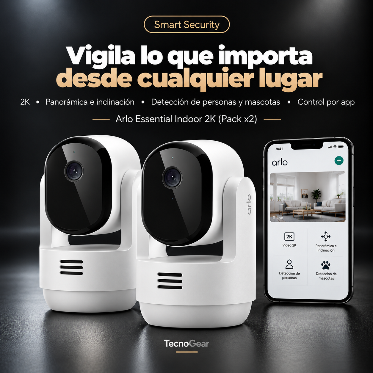 Arlo Essential Interior 2K Pan/Tilt · Paquete de 2 cámaras