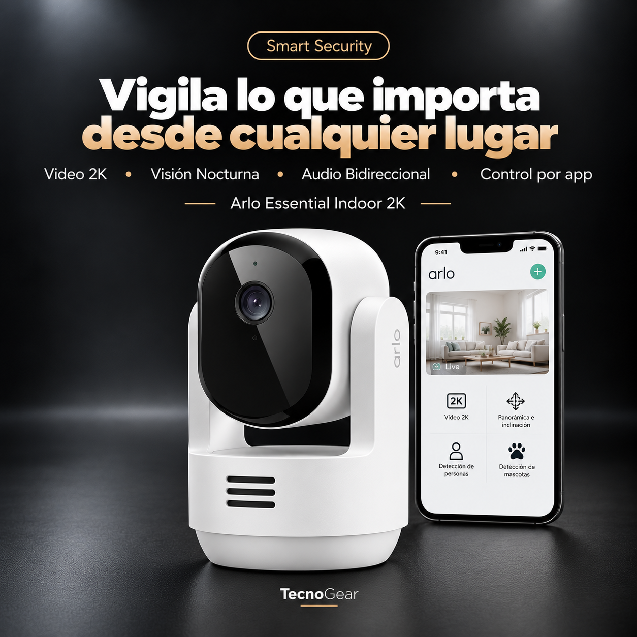 Arlo Essential Interior 2K Pan/Tilt · Paquete 1 cámara