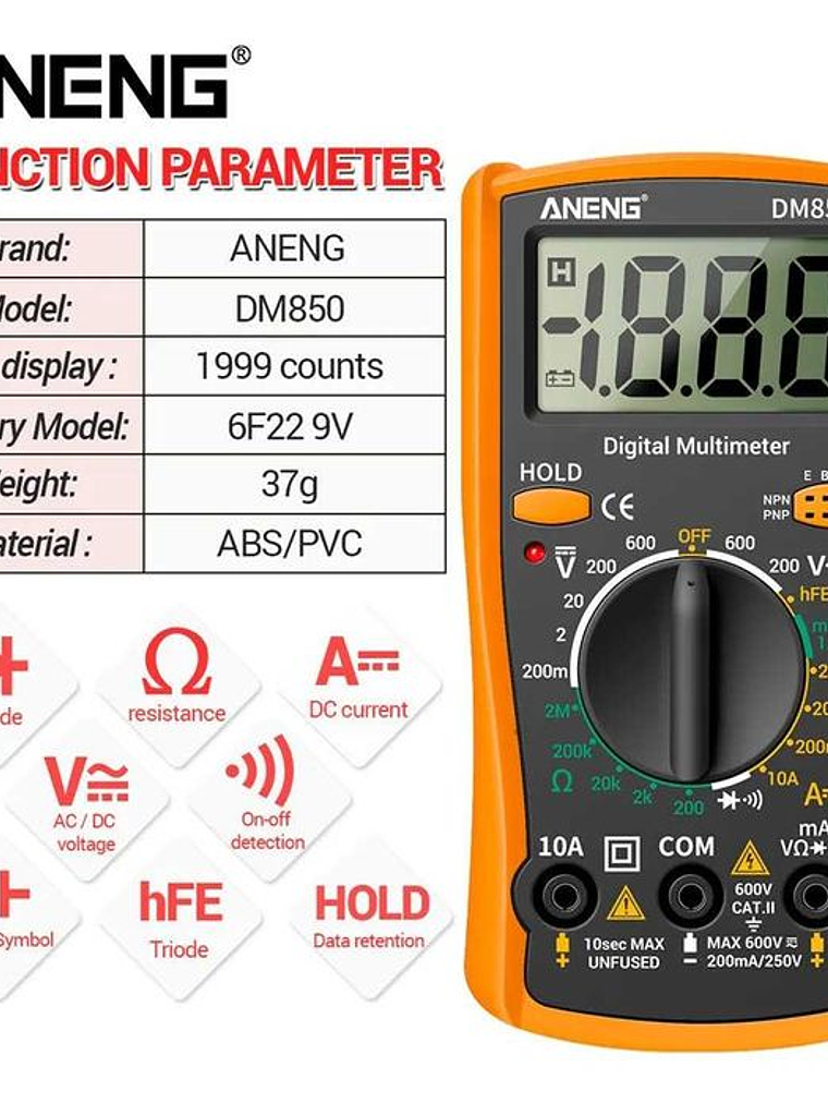 Multímetro Digital AC/DC Votage Tester DM850 Larananja DM850 2