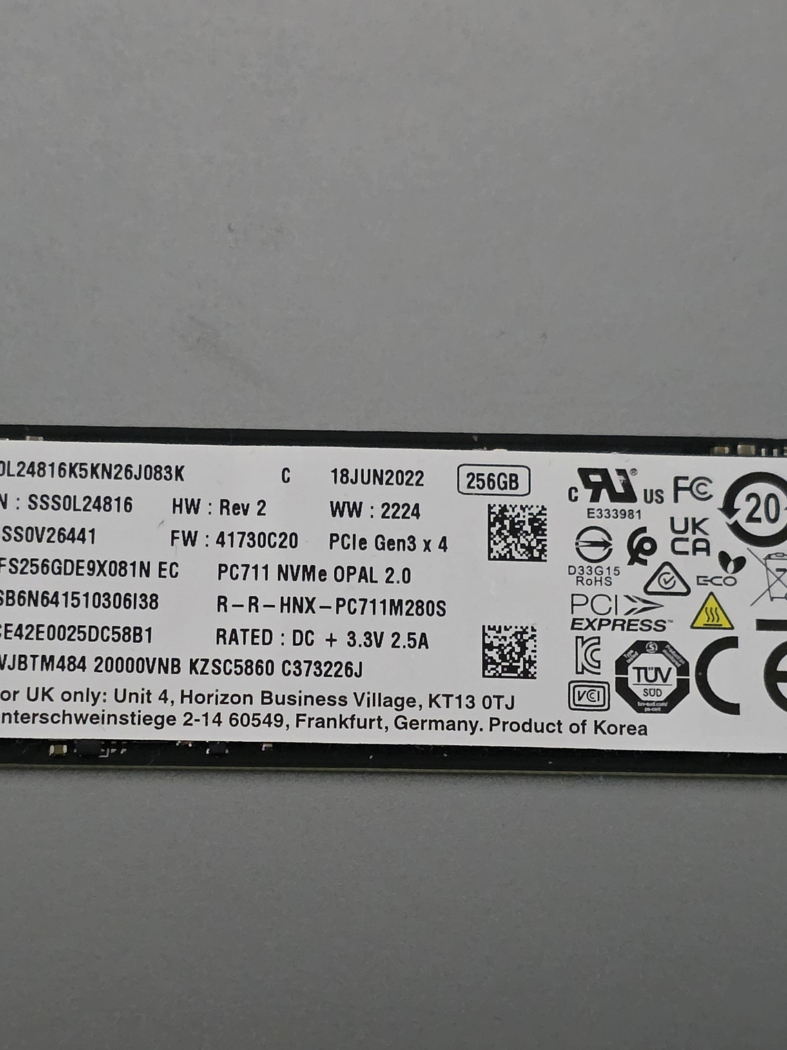 SSD NVMe SK hynix PC711 256GB PCIe 3.0 1