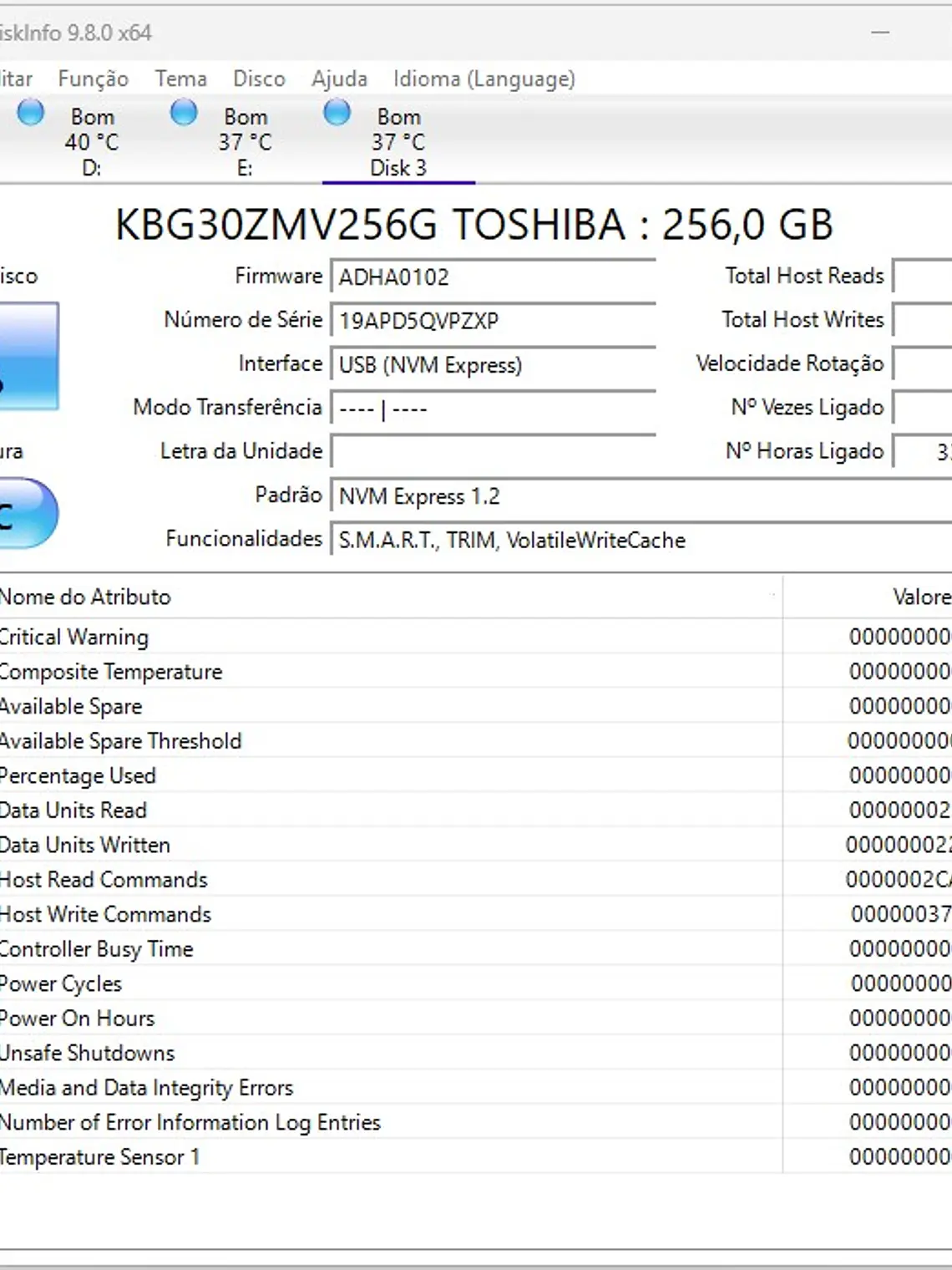 SSD NVMe 256GB Toshiba KBG30ZMV - 79% de Saude 2