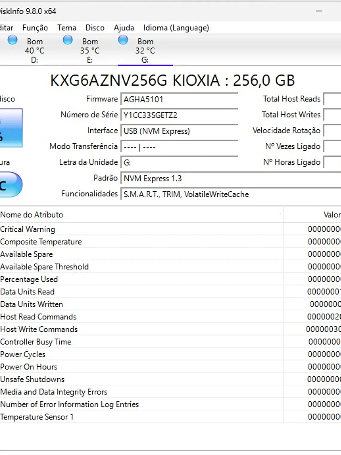 Kioxia 256GB NVMe M.2 KXG6AZNV256G Entre 70% e 90% Saude 1