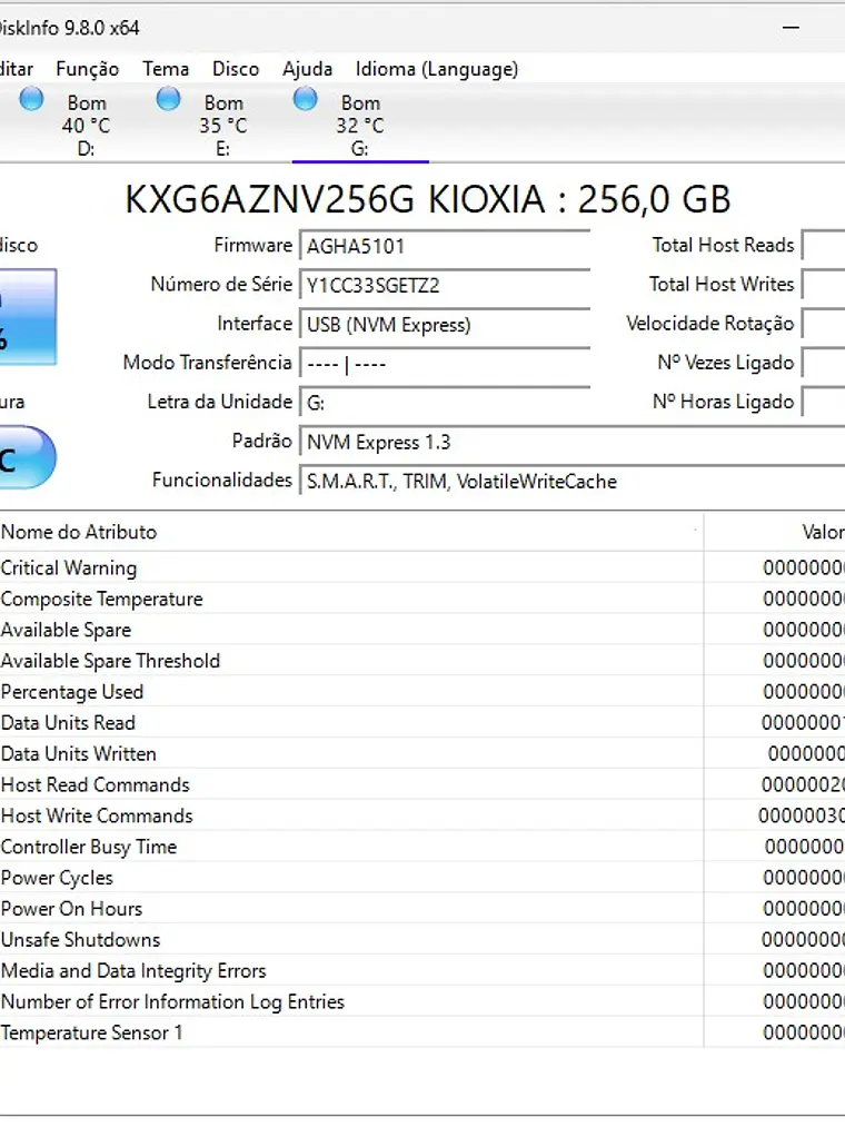Kioxia 256GB NVMe M.2 KXG6AZNV256G Entre 70% e 90% Saude 1