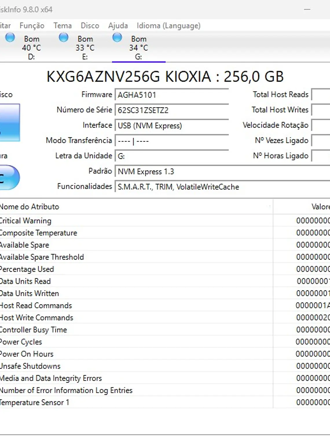 Kioxia 256GB NVMe M.2 KXG6AZNV256G Entre 70% e 90% Saude 2