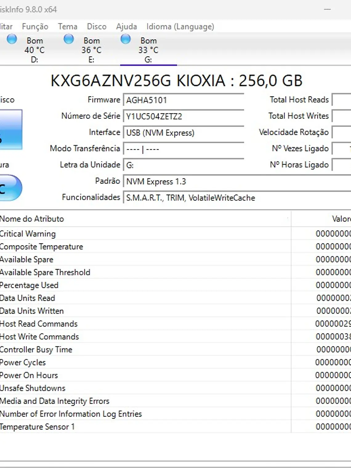 Kioxia 256GB NVMe M.2 KXG6AZNV256G Entre 70% e 90% Saude 3