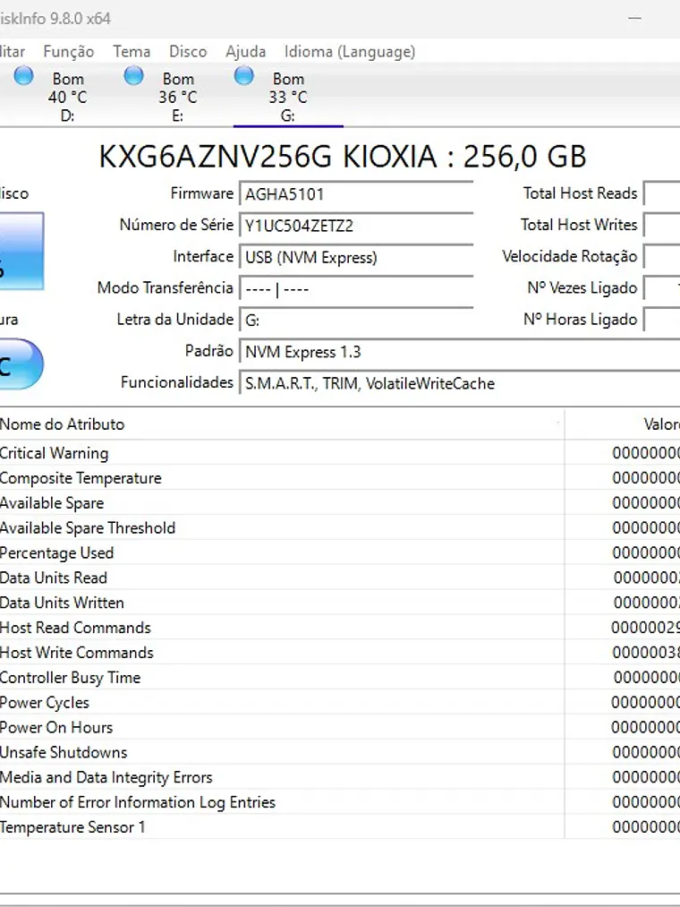 Kioxia 256GB NVMe M.2 KXG6AZNV256G Entre 70% e 90% Saude 3