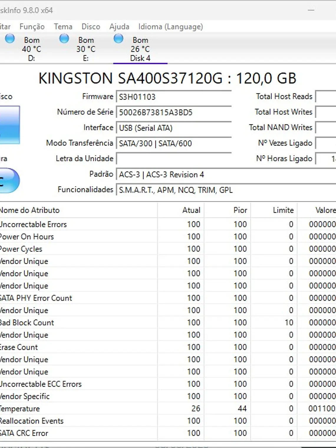SSD Kingston A400 120GB SATA III — Saúde 78% 3