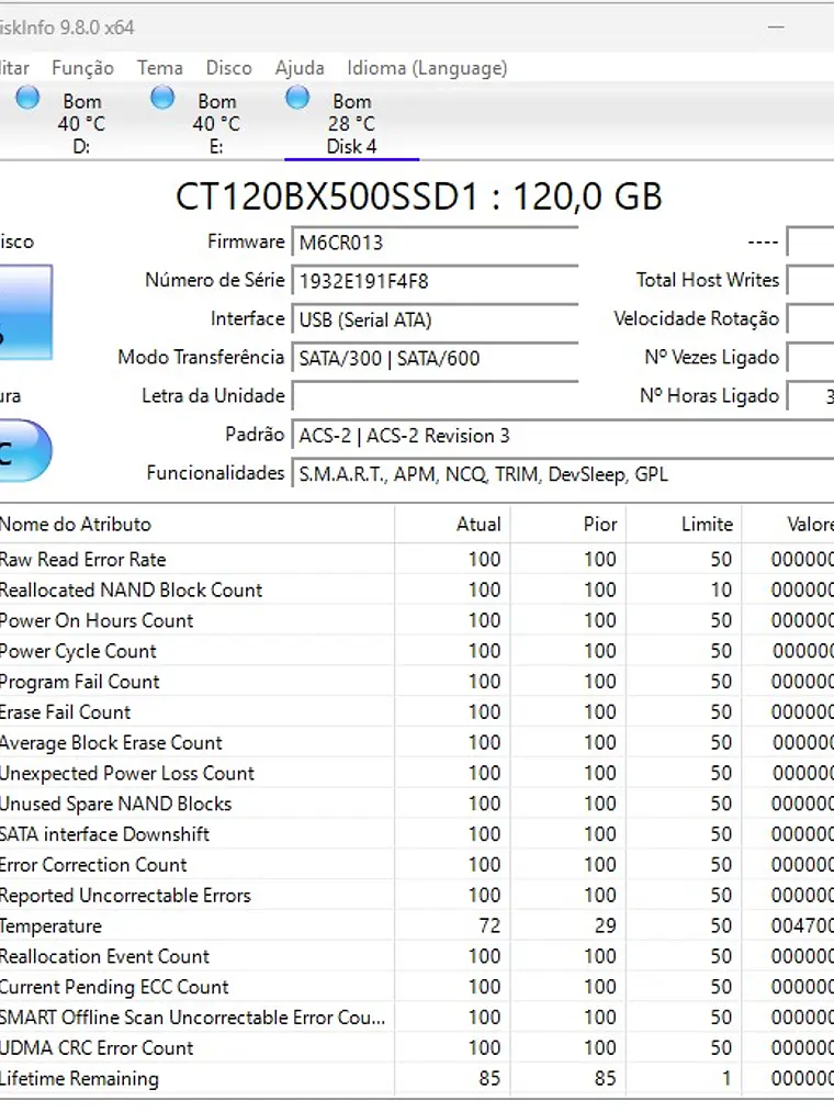 SSD Crucial BX500 120GB SATA III — Saúde 85% 3
