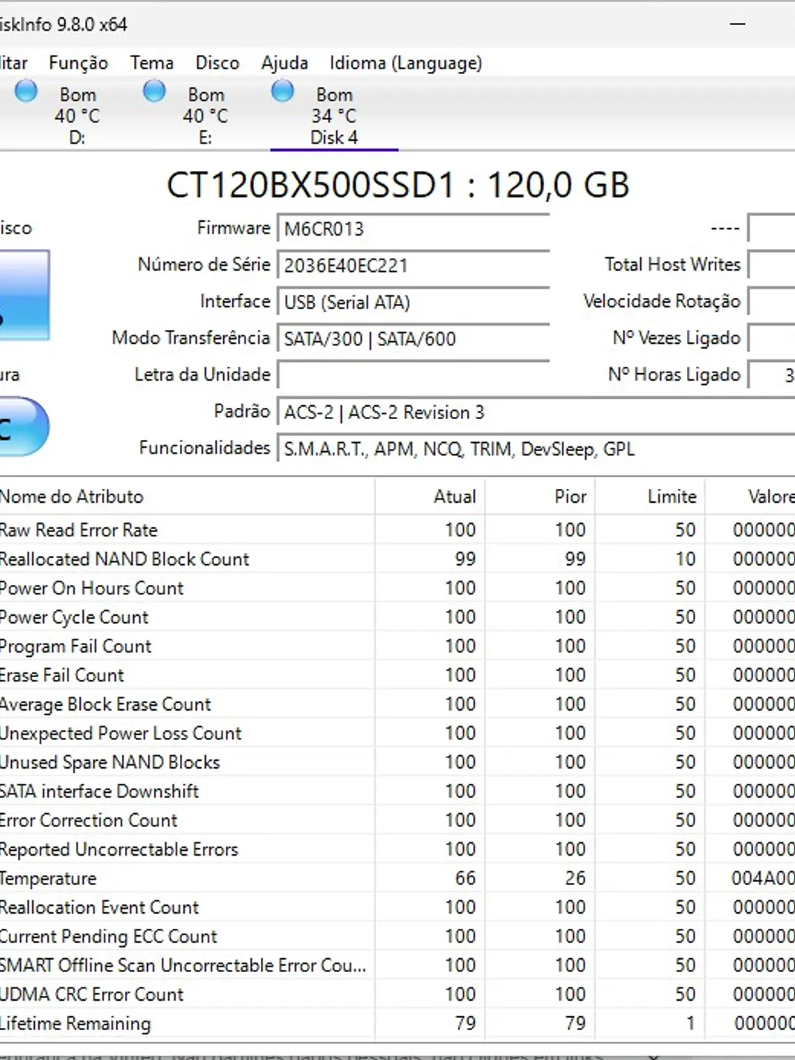 SSD Crucial BX500 120GB SATA III - Saúde 79% 3