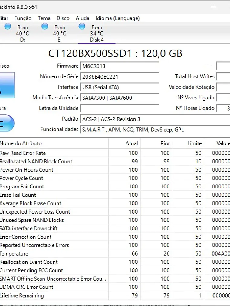 SSD Crucial BX500 120GB SATA III - Saúde 79% 3