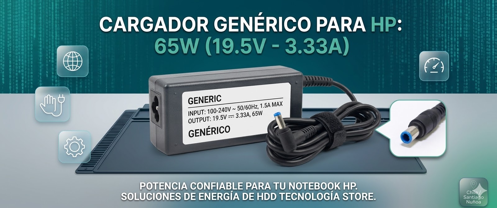 Cargador HP Punta Azul 19.5V - 3.33A 65W Negro - Genérico  1
