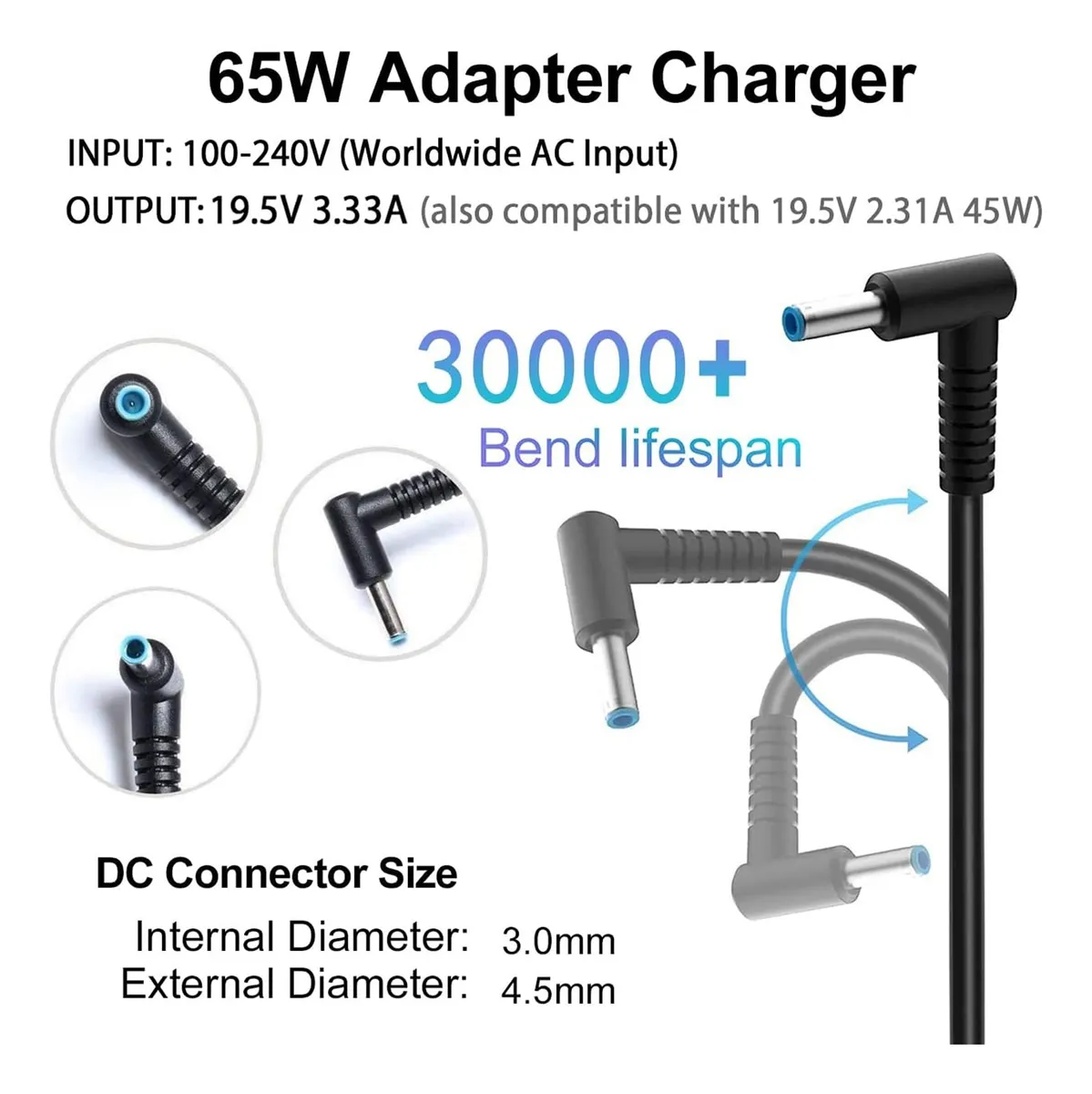 Cargador HP Punta Azul 19.5V - 3.33A 65W Negro - Genérico  3
