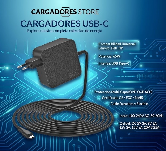 Cargador TIPO C (UNIVERSAL) de 65W con un cable de 1.8 metros de largo 1