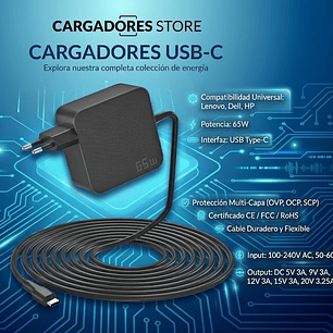Cargador TIPO C (UNIVERSAL) de 65W con un cable de 1.8 metros de largo