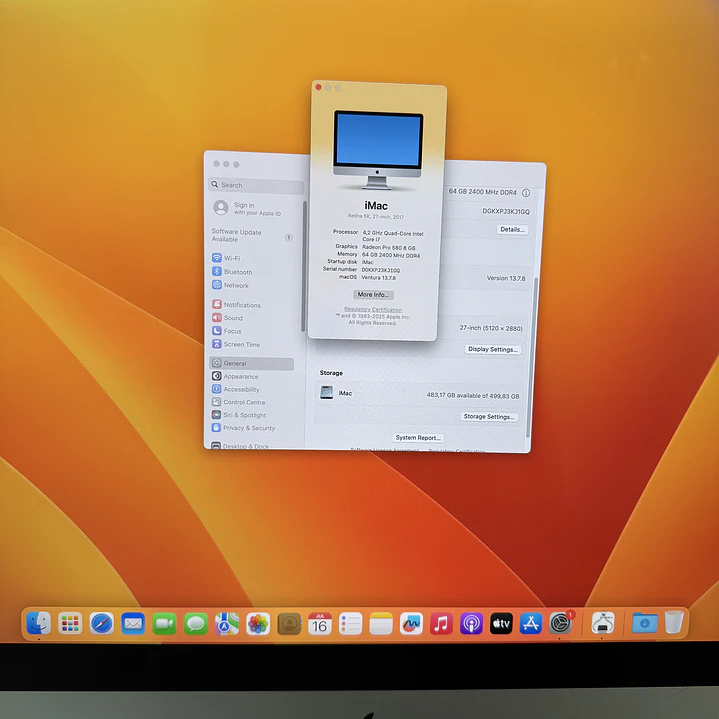 iMac 27'' (2017) 5k Intel(R) Core(TM) i7-7700K CPU @ 4.20GHz 64GB RAM 500GB HD Gráfica Radeon 8GB 1