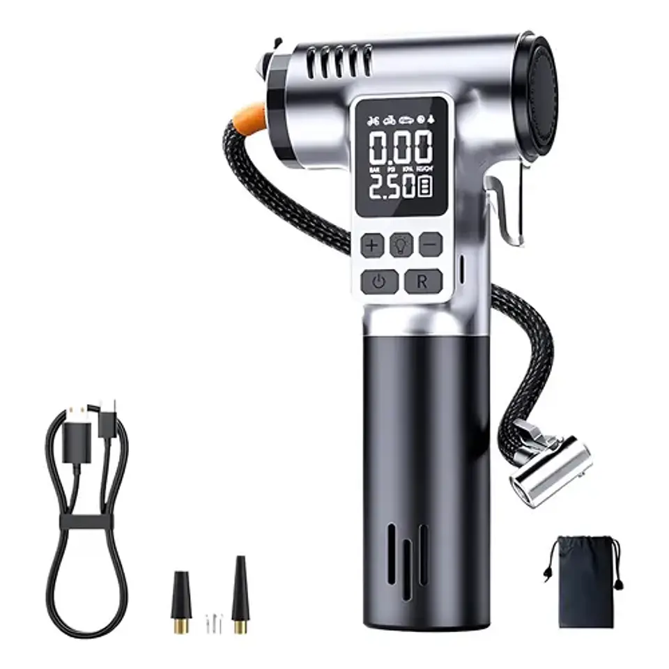 INFLADOR PORTÁTIL ELÉCTRICO PARA AUTO 150 PSI | COMPRESOR INALÁMBRICO RECARGABLE | LUZ SOS | MARTILLO DE EMERGENCIA Y CORTADOR DE CINTURÓN 4