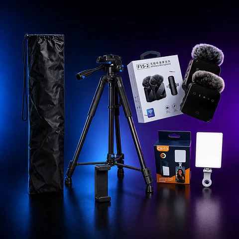 KIT PARA CREADORES DE CONTENIDO CON TRÍPODE 162 CM + LUZ DE RELLENO MAGNÉTICA CX-13 CCT + MICRÓFONOS INALÁMBRICOS DUALES | IDEAL PARA TIKTOK, REELS, VLOGS Y VIDEOS