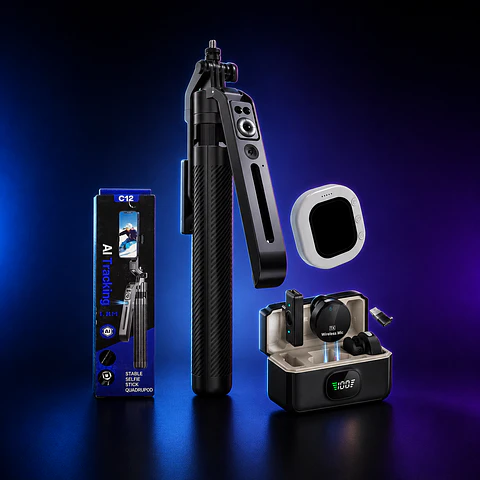 KIT PRO PARA CREADORES DE CONTENIDO CON BASTÓN TRÍPODE C12 360° CON SEGUIMIENTO IA + MICRÓFONO INALÁMBRICO BYZ BL-F38 + MONITOR MAGNÉTICO PARA SELFIES Y TRANSMISIÓN EN VIVO