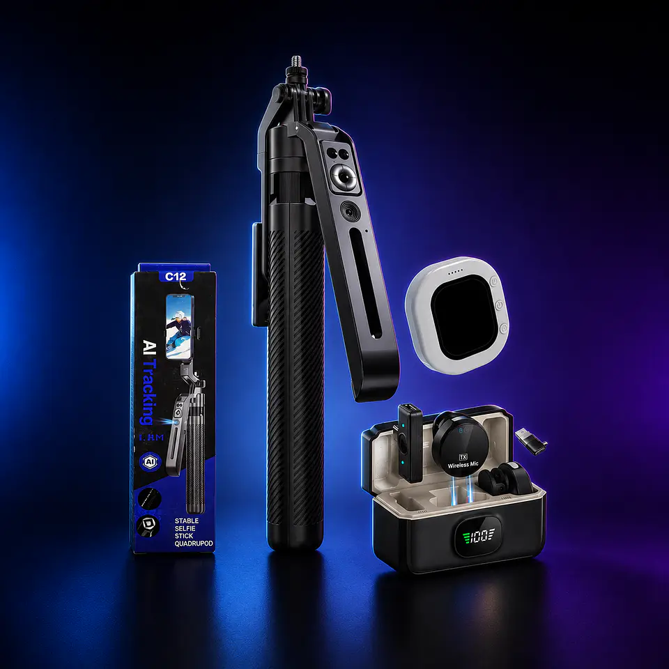 KIT PRO PARA CREADORES DE CONTENIDO CON BASTÓN TRÍPODE C12 360° CON SEGUIMIENTO IA + MICRÓFONO INALÁMBRICO BYZ BL-F38 + MONITOR MAGNÉTICO PARA SELFIES Y TRANSMISIÓN EN VIVO 1