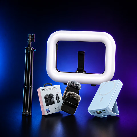 KIT PORTÁTIL PARA CREADORES DE CONTENIDO CON MICRÓFONO LAVALIER DUAL + ARO DE LUZ RGB E-30 + POWER BANK MAGSAFE 10000MAH + TRÍPODE RETRÁCTIL 2.1 M