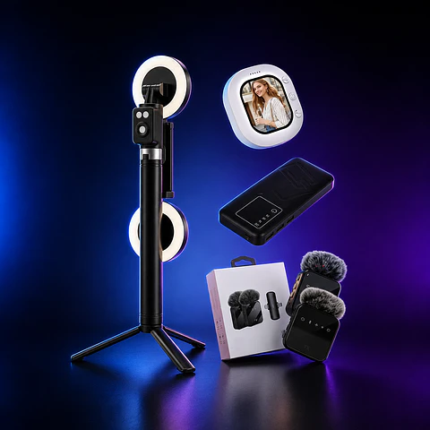 KIT CREADOR PRACTICO CON TRÍPODE PALO SELFIE 170 CM DOBLE LUZ LED + MICRÓFONO + MONITOR MAGNÉTICO + POWER BANK 30000MAH