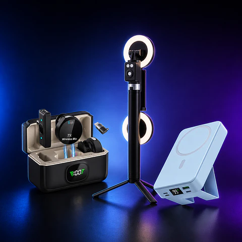 KIT CREADOR CON TRÍPODE SELFIE DOBLE LUZ LED + POWER BANK 10000MAH + MICRÓFONO INALÁMBRICO NÉTICO PORTATIL