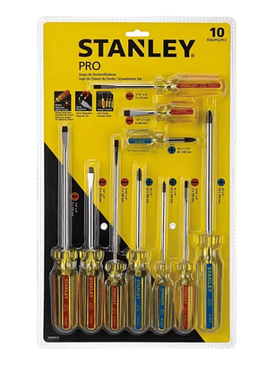 Set de 10 Destornilladores Stanley PRO con Mango de PVC y Barra de Cromo Vanadio