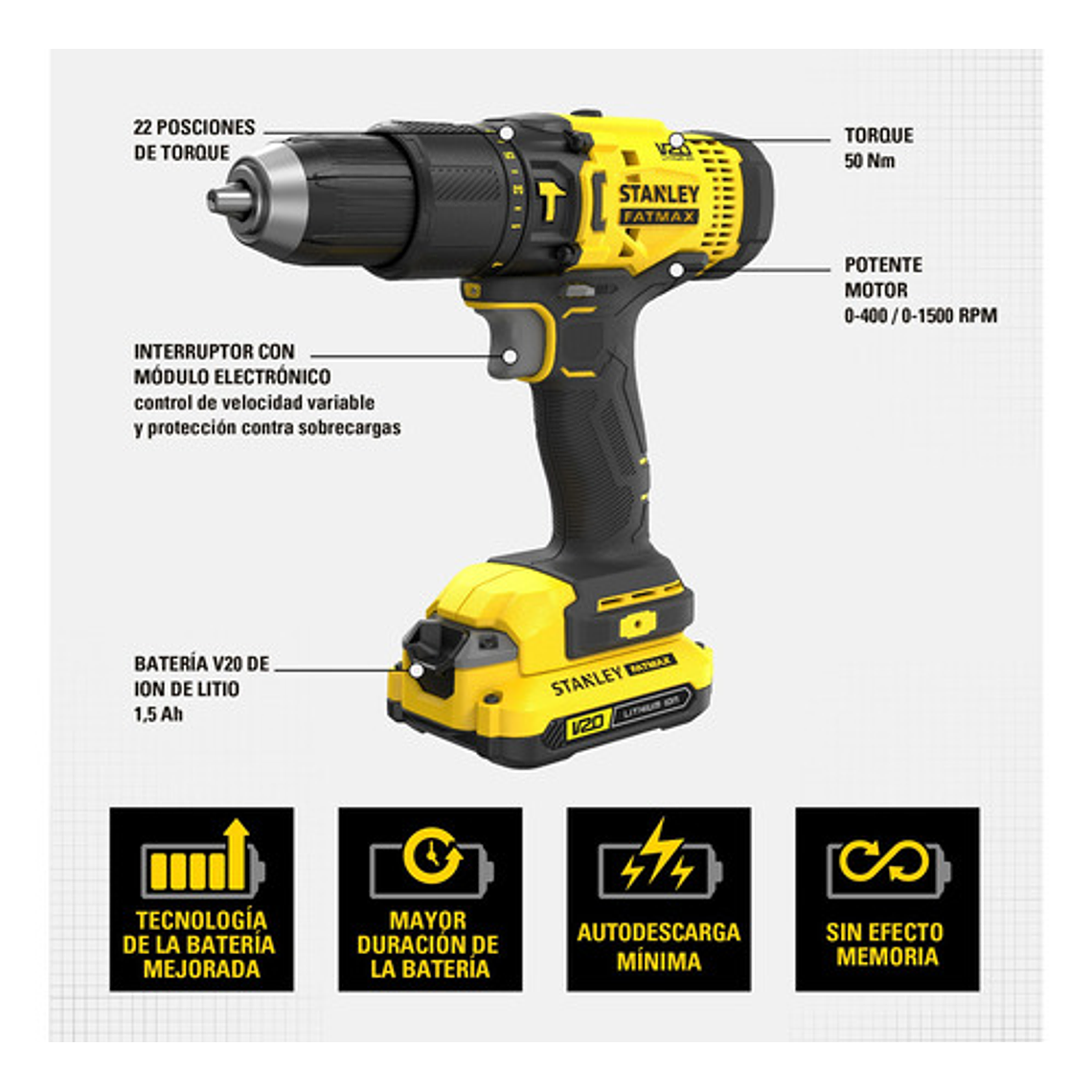 Kit Taladro Percutor Stanley SCD711C2K-B2 20V con 2 Baterías y Maletín 2
