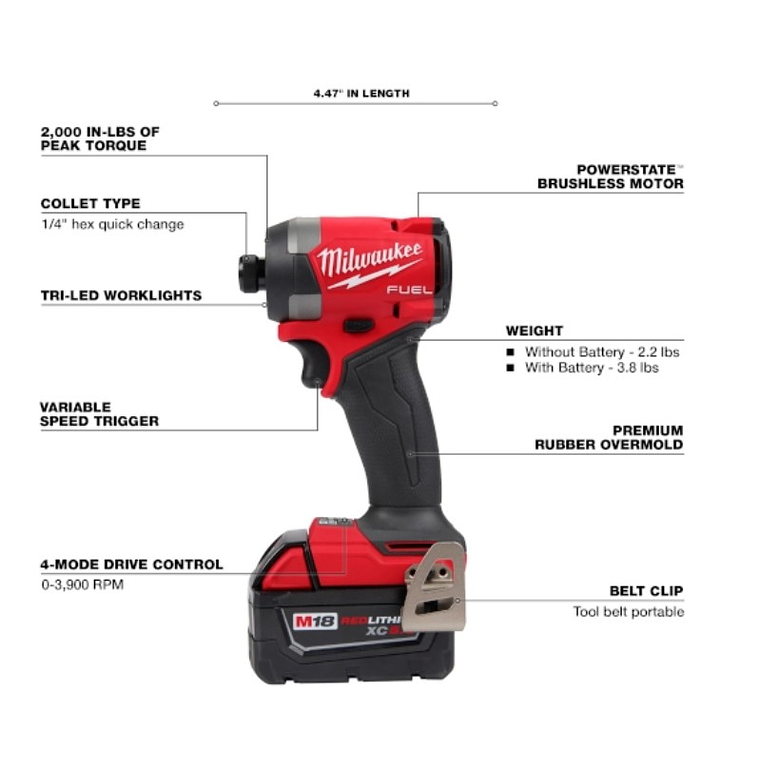 Kit Destornillador de Impacto Milwaukee 2953-22 M18 FUEL 1/4″ con 2 Baterías y Cargador 5