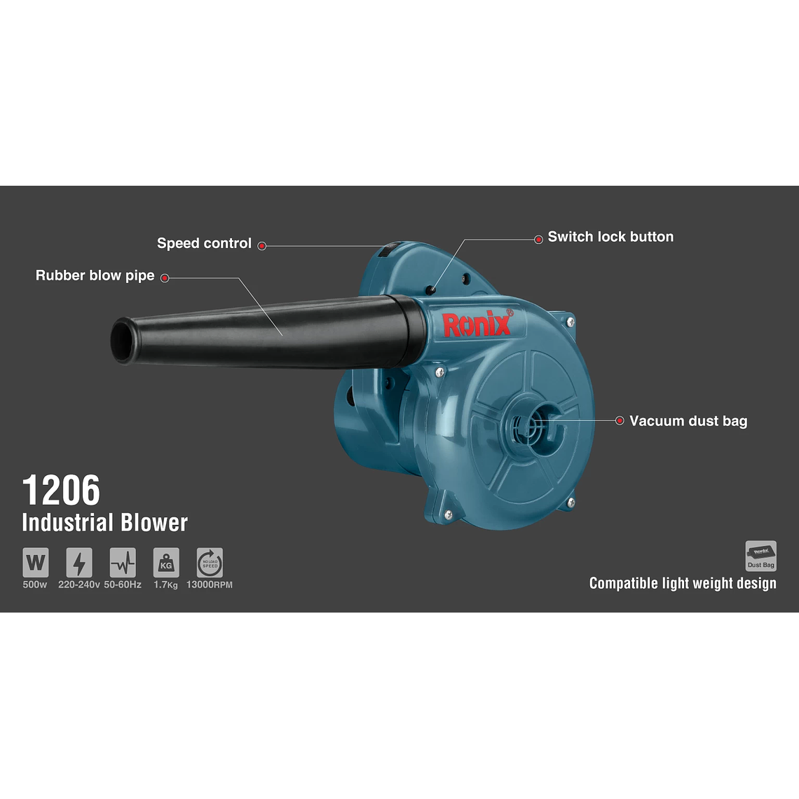 Soplador De Aire Ronix 1206 500W 13000RPM 9