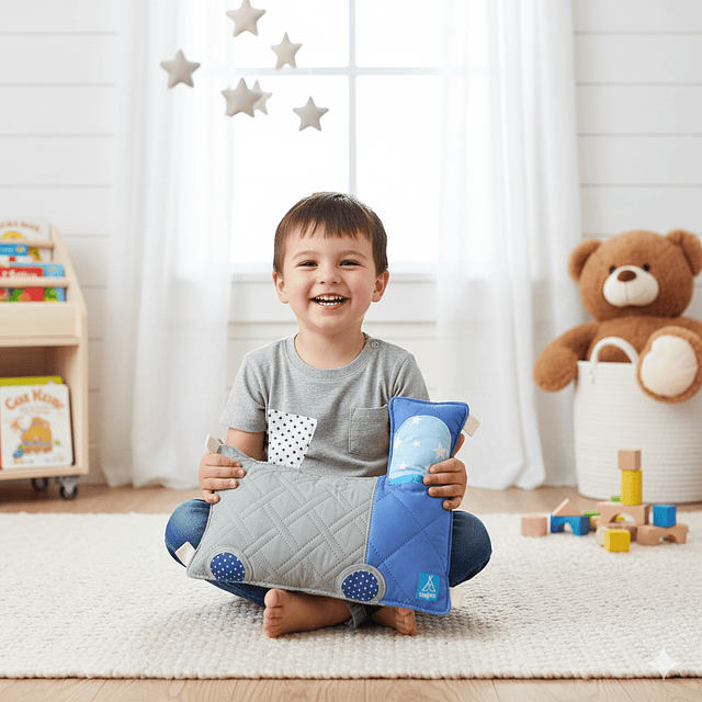 COJIN SENSORIAL, PROTECTOR DE CUNA O CAMA, MODELO TREN AZÚL